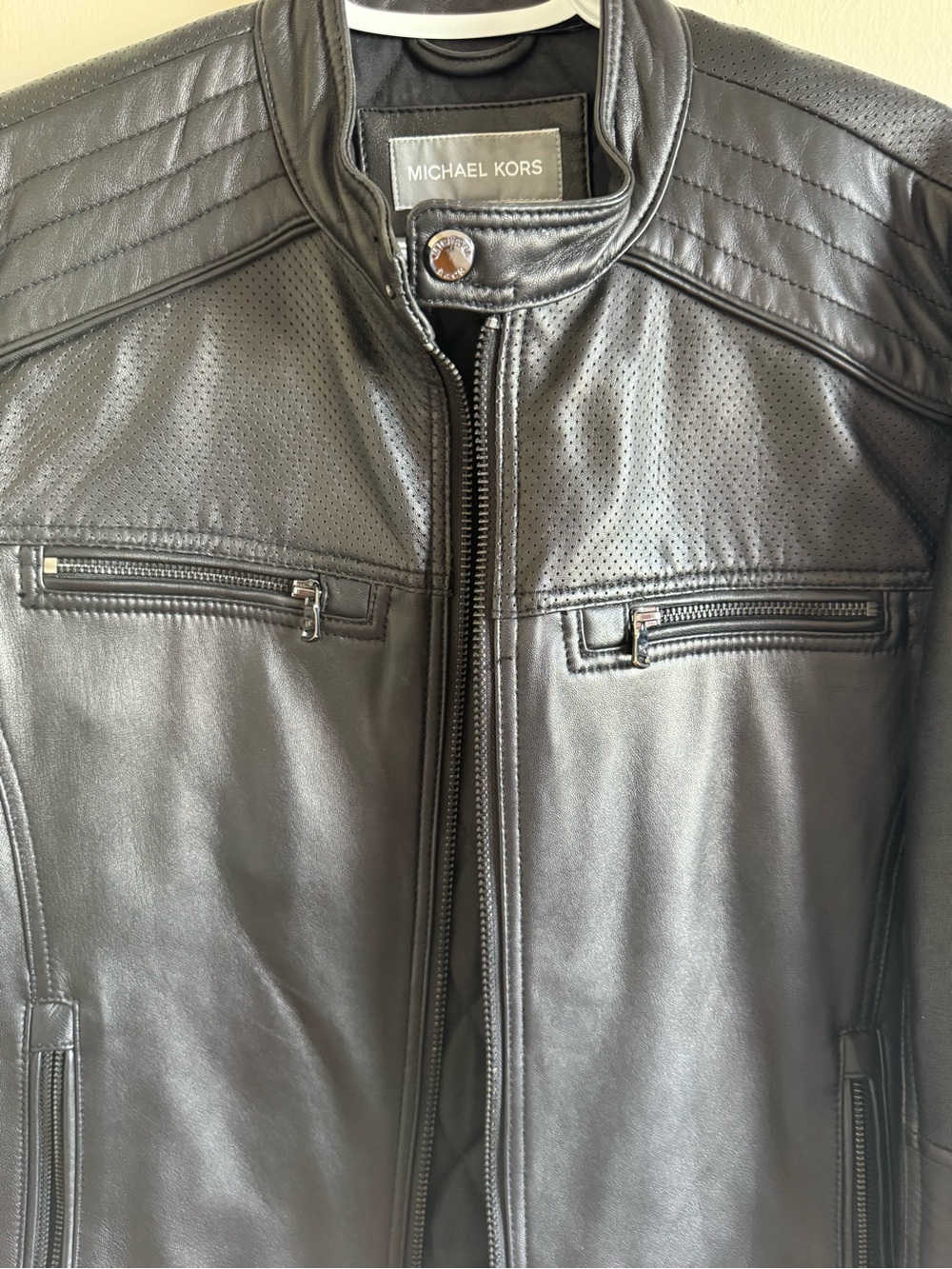 Michael Kors Black Leather Quilted-Shoulder Bomber Jacket with Zip Pockets - Picture 2 of 8